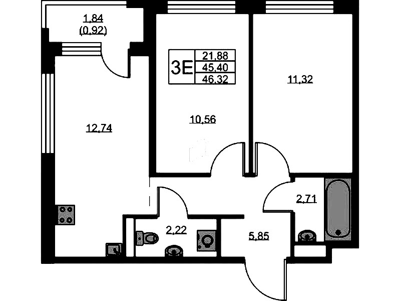 2-комнатная квартира 46.32 м², 1/9 эт., ЖК «GloraX Новоселье»